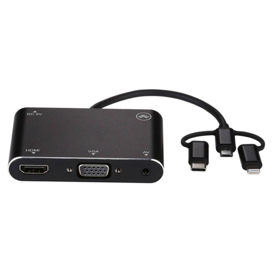 3 in 1 8 Pin + Micro USB + Type-C to AV + HDMI + VGA 15 Pin HD Screen Player Adapter Converter wi...