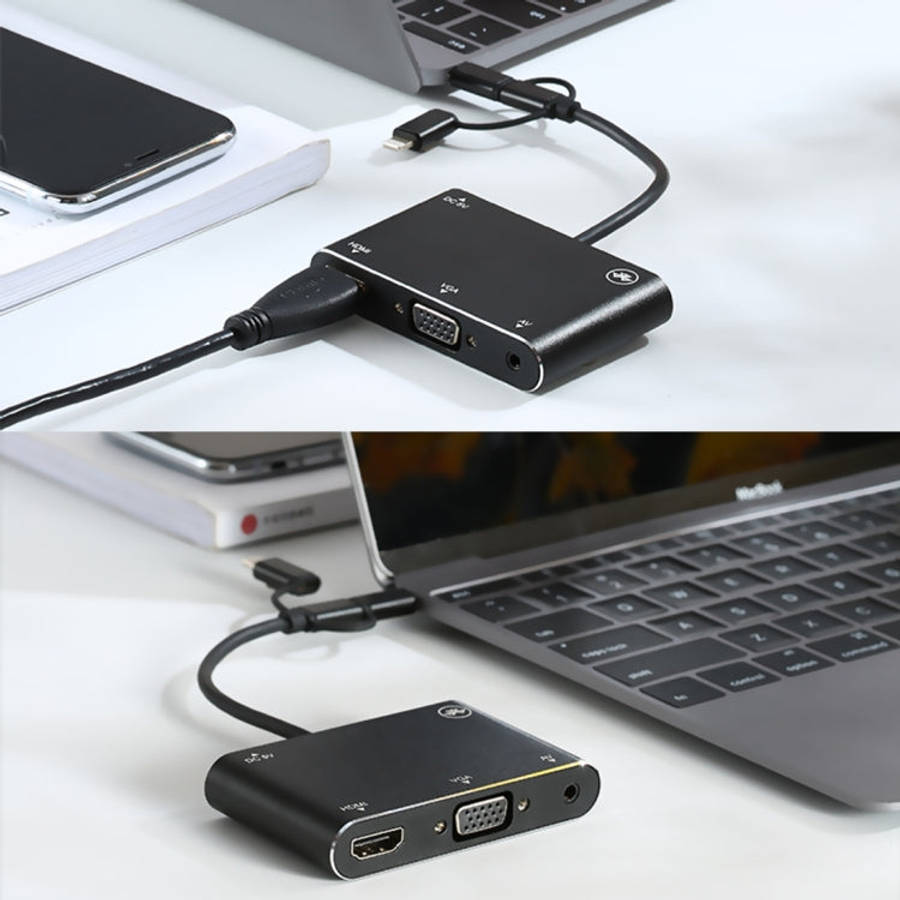 3 in 1 8 Pin + Micro USB + Type-C to AV + HDMI + VGA 15 Pin HD Screen Player Adapter Converter wi...