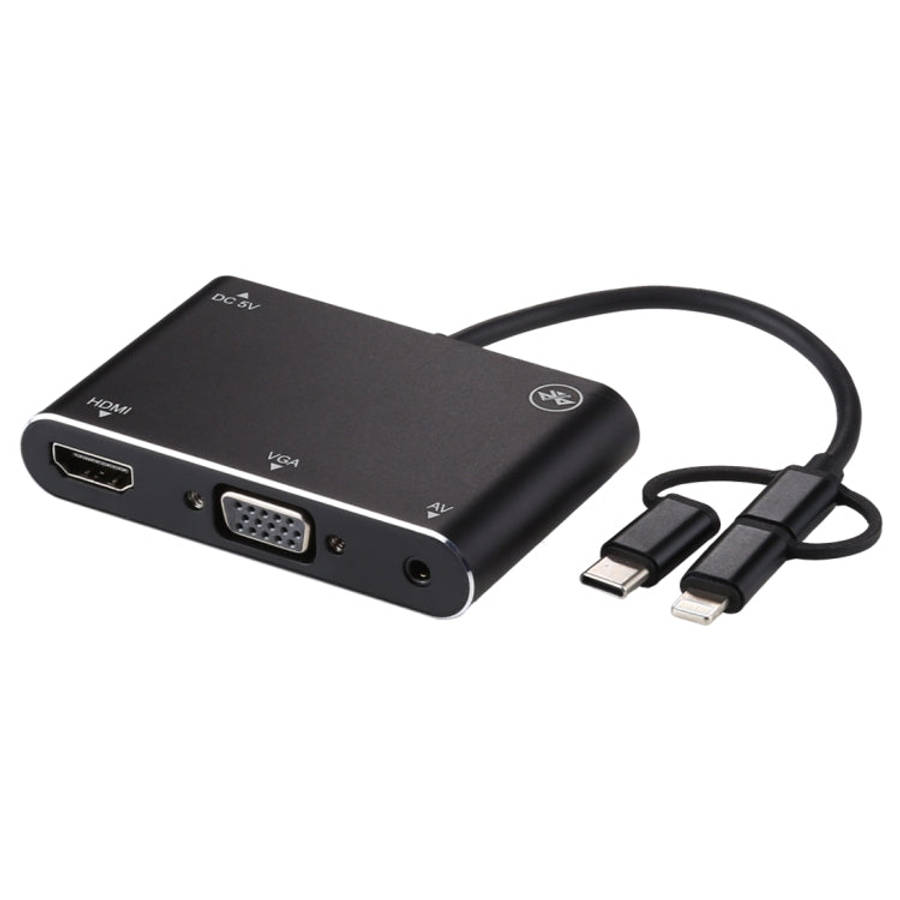 3 in 1 8 Pin + Micro USB + Type-C to AV + HDMI + VGA 15 Pin HD Screen Player Adapter Converter wi...