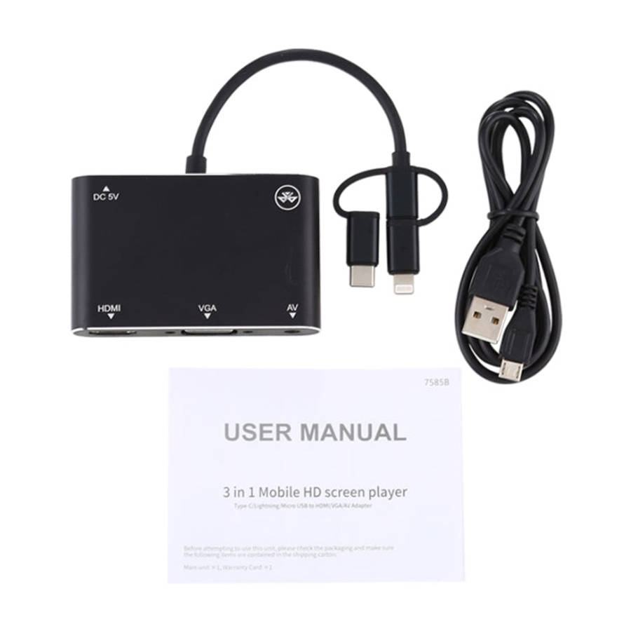 3 in 1 8 Pin + Micro USB + Type-C to AV + HDMI + VGA 15 Pin HD Screen Player Adapter Converter wi...