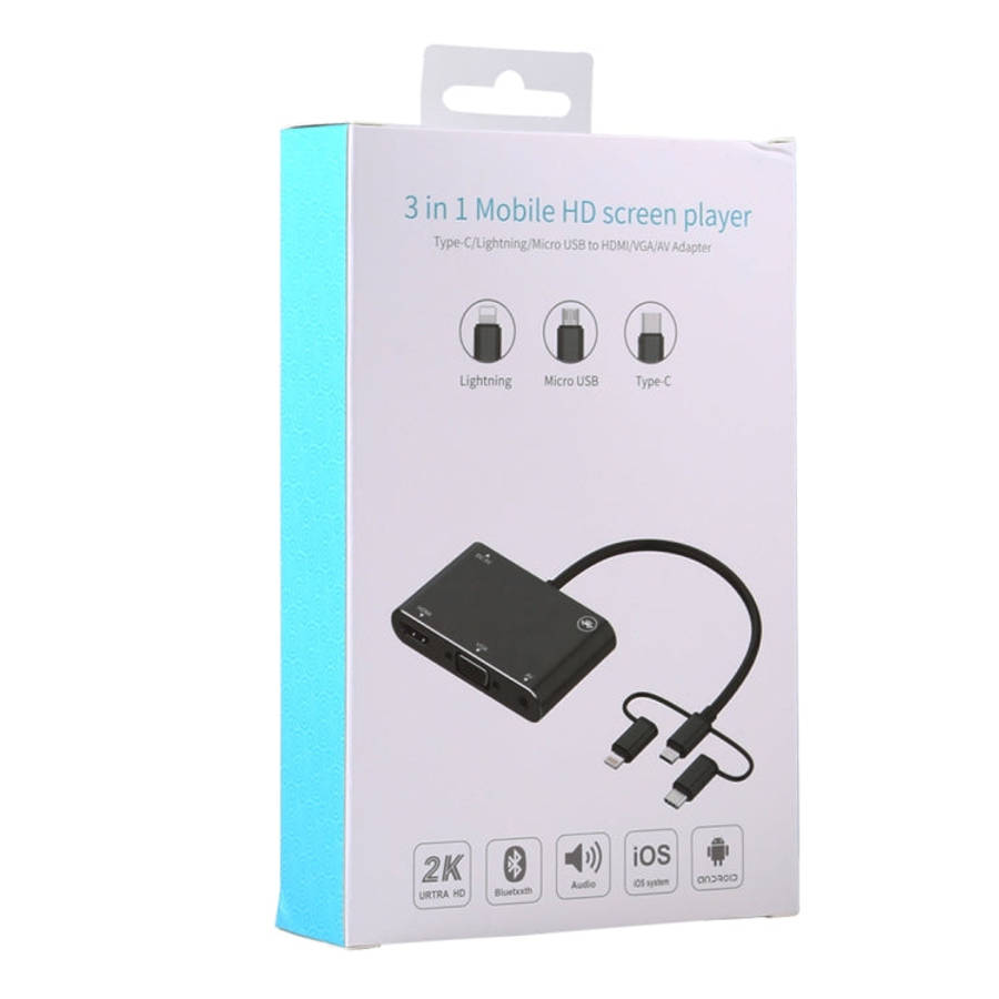 3 in 1 8 Pin + Micro USB + Type-C to AV + HDMI + VGA 15 Pin HD Screen Player Adapter Converter wi...