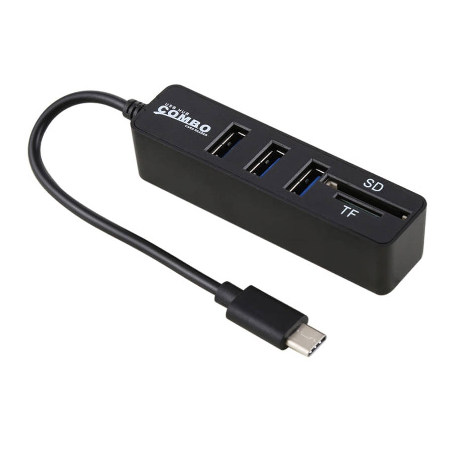 2 in 1 TF & SD Card Reader + 3 x USB Ports to USB-C / Type-C HUB Converter, Total Length: 24cm, T...