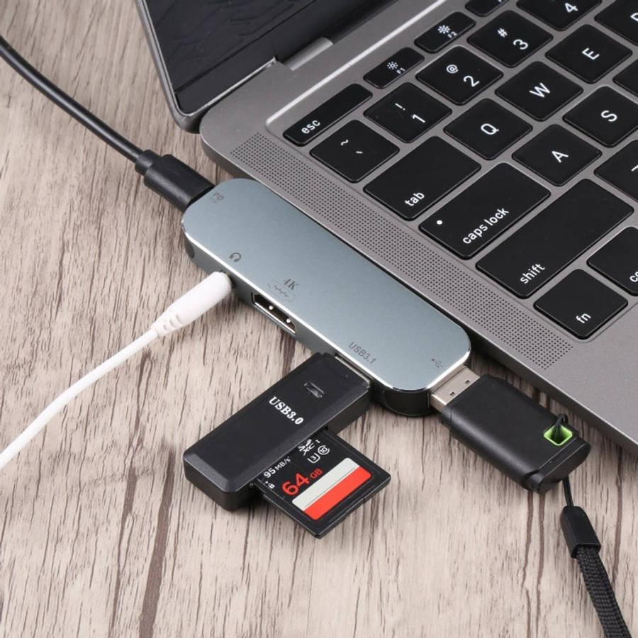 5 in 1 USB-C / Type-C Male to PD USB-C / Type-C Charging + 3.5mm AUX + 4K HDMI + USB 3.1 + USB Fe...