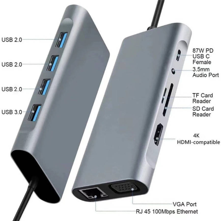 11 in 1 USB-C / Type-C to USB Docking Station HUB Adapter(1000M Network Port), 1000M Network Port