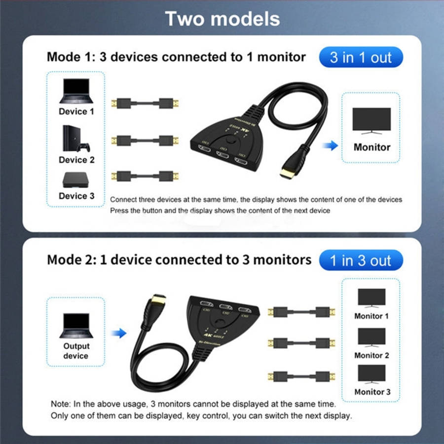 3 x 1 4K 60Hz HDMI Bi-Direction Switcher with Pigtail HDMI Cable, Bi-Direction