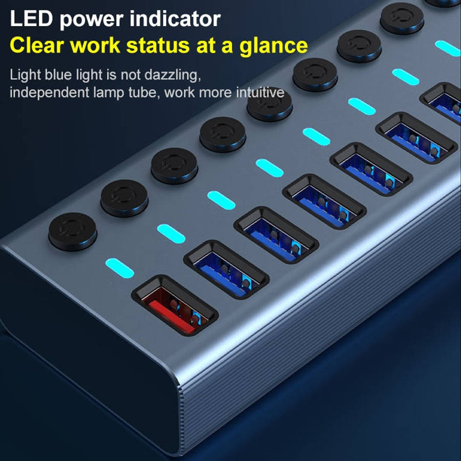 11 in 1 USB 3.0 HUB Splitter with Independent Switch & 12V 4A Power Supply, 11 USB 3.0