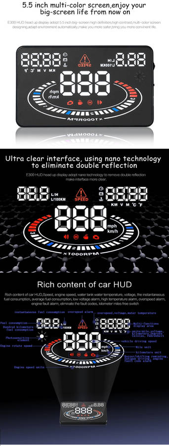 E300 5.5 inch Car OBDII / EUOBD HUD Vehicle-mounted Head Up Display Security System, Support Spee...