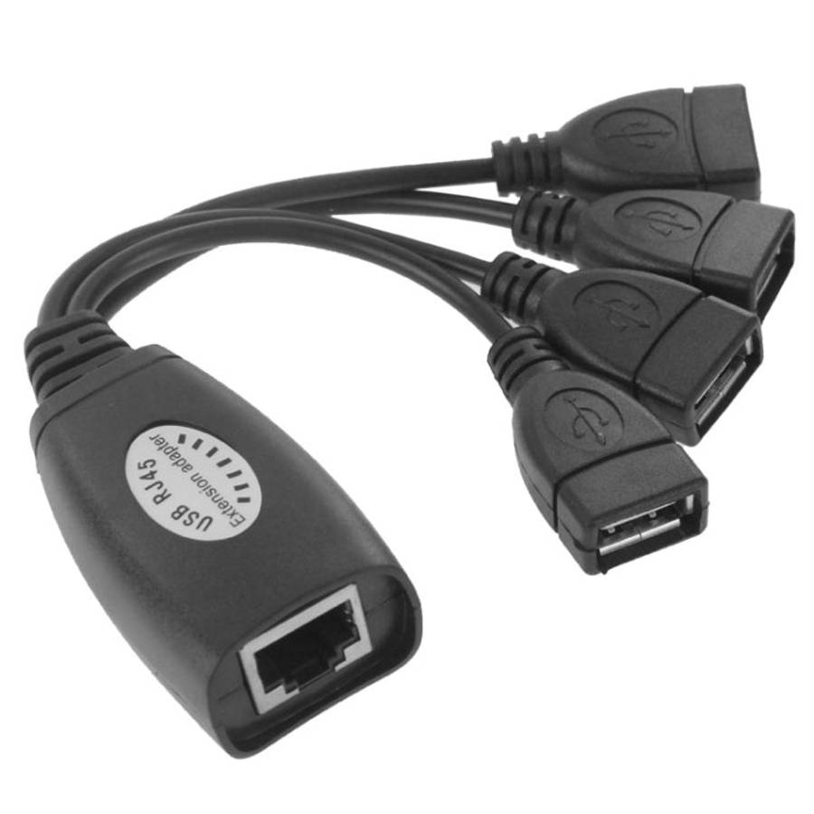 USB 2.0 CAT5 / CAT5E / CAT6 RJ45 to 4 USB Ethernet Extender LAN Extension Cable Repeater Adapter,...