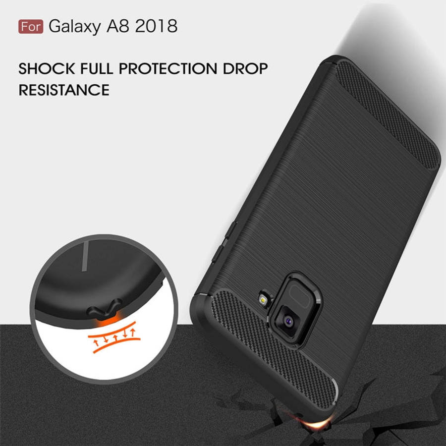For Galaxy A8 (2018) Brushed Texture Carbon Fiber Shockproof TPU Protective Back Case, For Galaxy...
