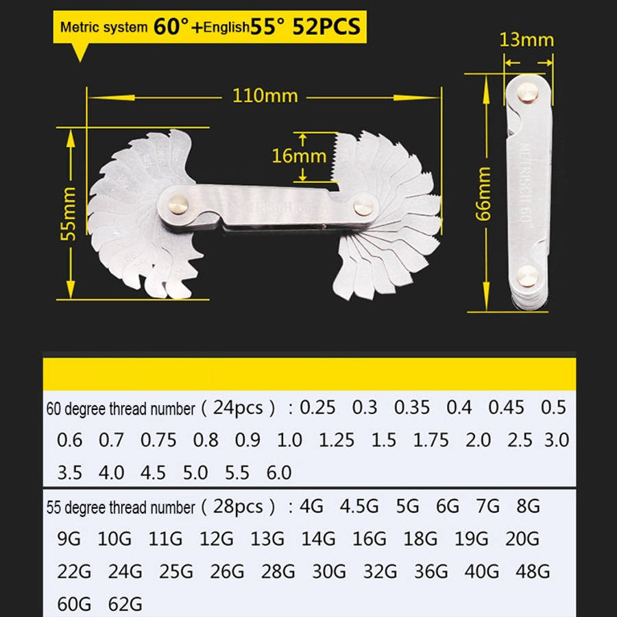 52 PCS Metric 60 Degrees +British 55 Degrees CR Stainless Steel Thread Gauge, 52 PCS Thread Gauge