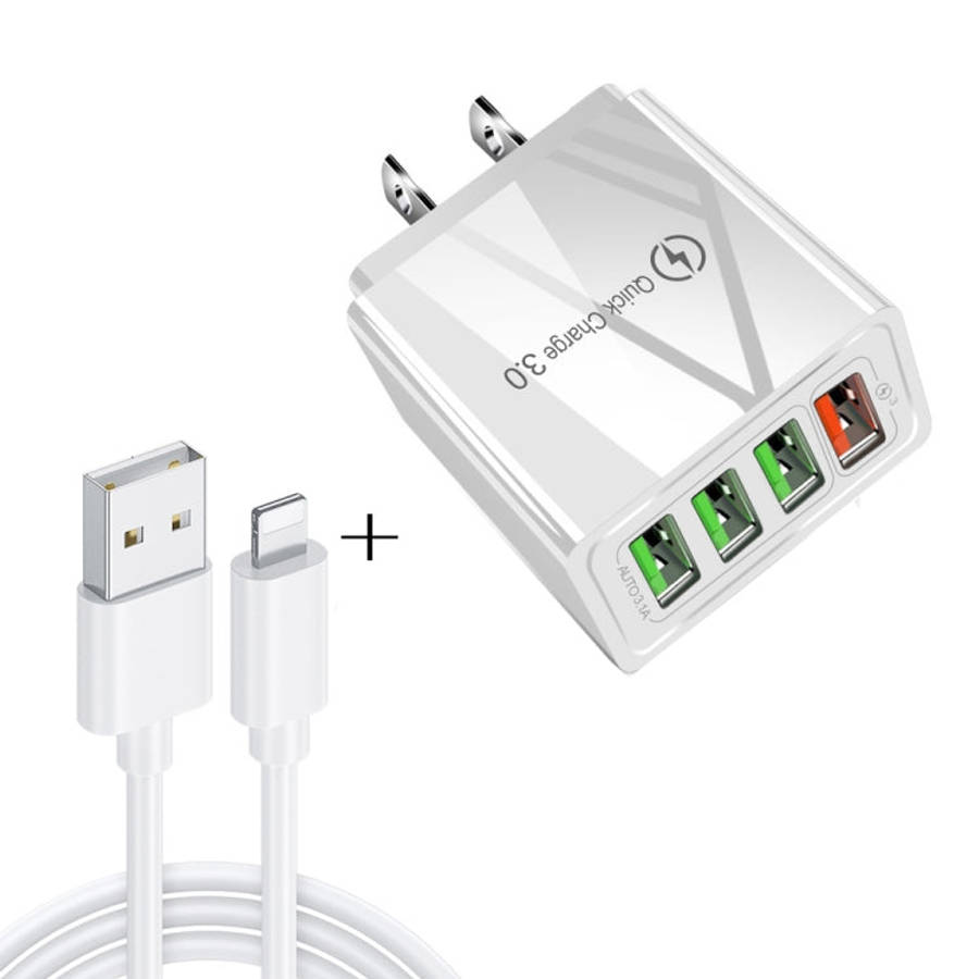 2 in 1 1m USB to 8 Pin Data Cable + 30W QC 3.0 4 USB Interfaces Mobile Phone Tablet PC Universal ...