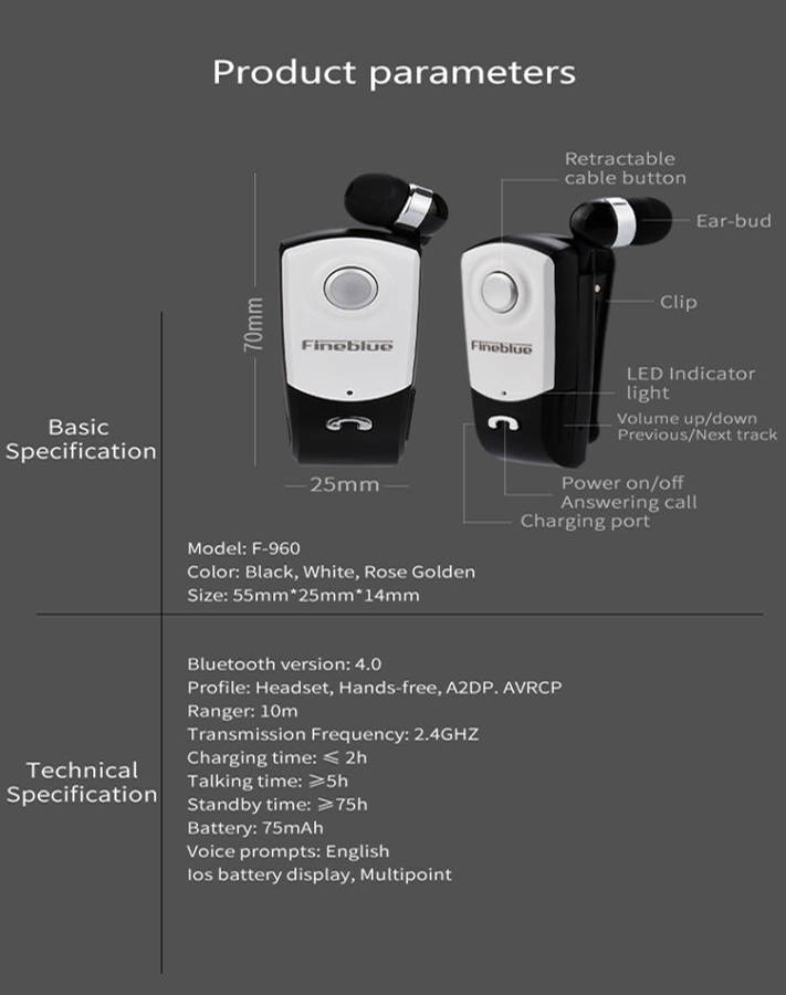 F960 CSR4.1 Retractable Cable Caller Vibration Reminder Anti-theft Bluetooth Headset, Black, Whit...