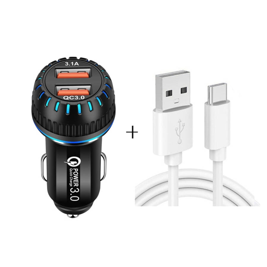 YSY-349 QC3.0 Dual Port USB Car Charger + 3A USB to USB-C / Type-C Data Cable, Length: 1m, with U...
