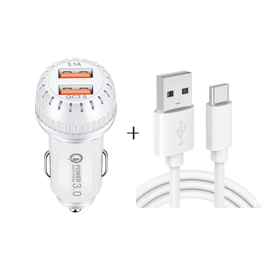 YSY-349 QC3.0 Dual Port USB Car Charger + 3A USB to USB-C / Type-C Data Cable, Length: 1m, with U...