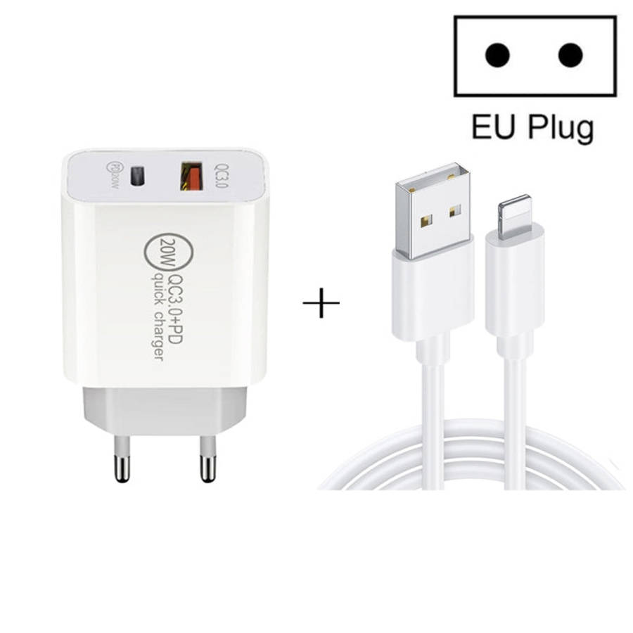 20W PD Type-C + QC 3.0 USB Interface Fast Charging Travel Charger with USB to 8 Pin Fast Charge D...