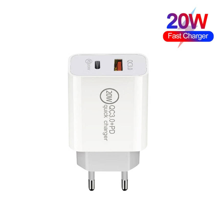 20W PD Type-C + QC 3.0 USB Interface Fast Charging Travel Charger with USB-C / Type-C to 8 Pin Fa...