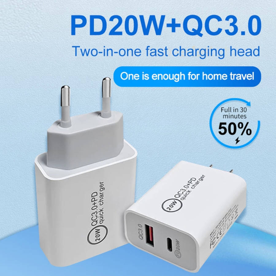20W PD Type-C + QC 3.0 USB Interface Fast Charging Travel Charger with USB-C / Type-C to 8 Pin Fa...