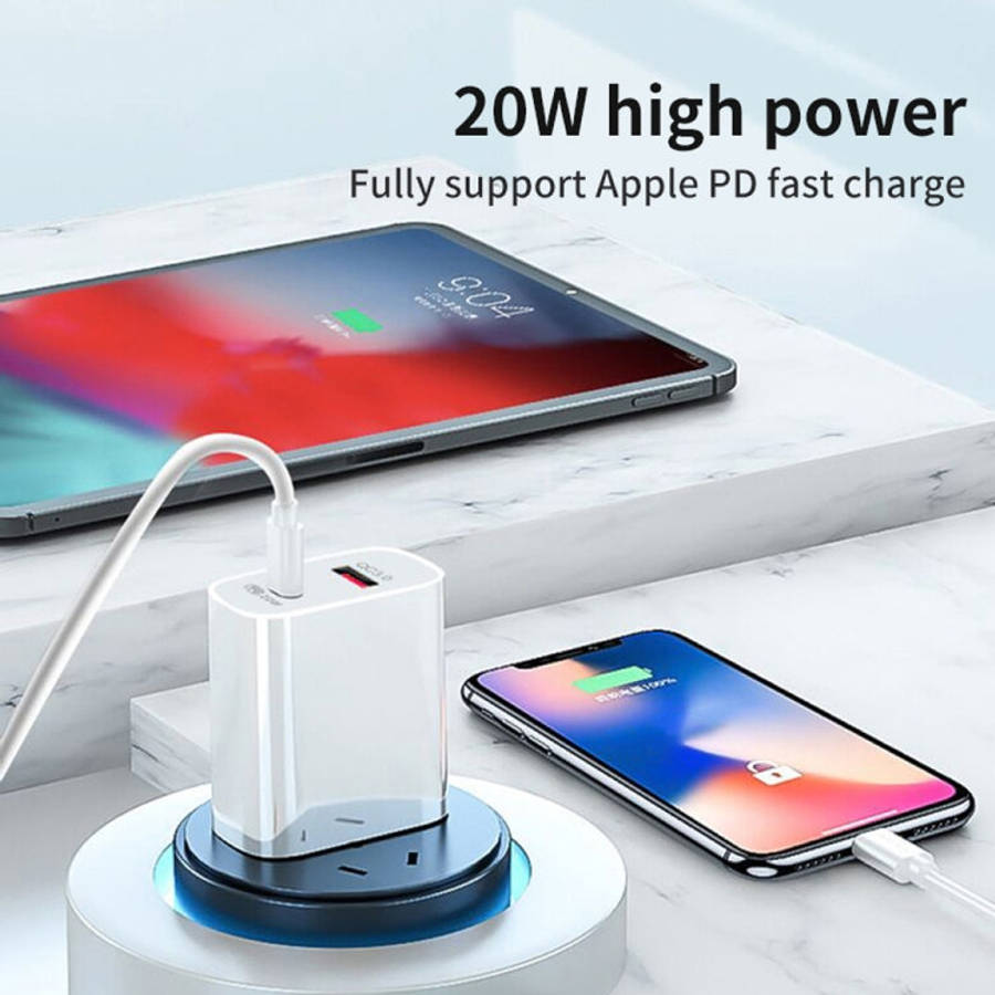 20W PD Type-C + QC 3.0 USB Interface Fast Charging Travel Charger with USB-C / Type-C to 8 Pin Fa...