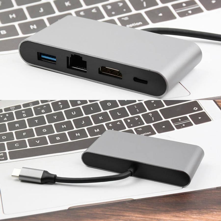 WS-07 Type-C 3.1 to RJ45 + HDMI + USB3.0 + PD 4-in-1 Converter Multifunctional Docking Station, W...