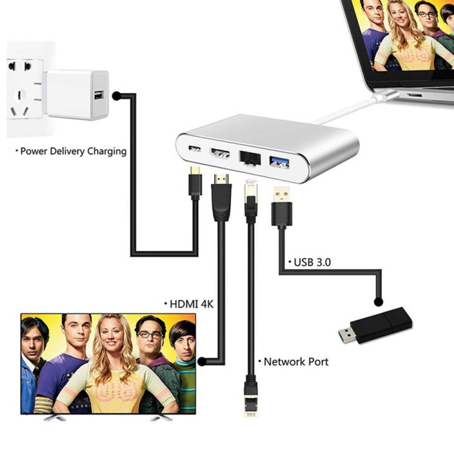 WS-07 Type-C 3.1 to RJ45 + HDMI + USB3.0 + PD 4-in-1 Converter Multifunctional Docking Station, W...