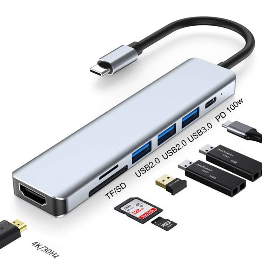 7 In 1 HDMI+SD/TF+USB2.0x2+USB3.0+PD to Type-C HUB Docking Station, 7 In 1 Station