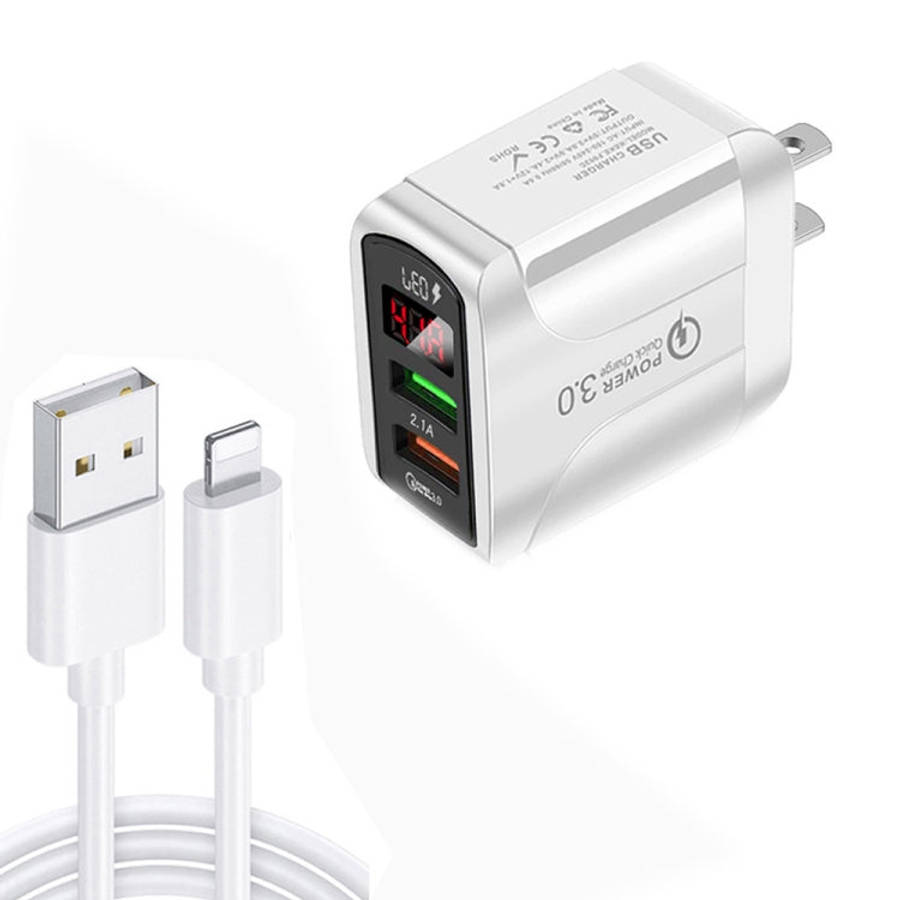 F002C QC3.0 USB + USB 2.0 LED Digital Display Fast Charger with USB to 8 Pin Data Cable, US Plug,...