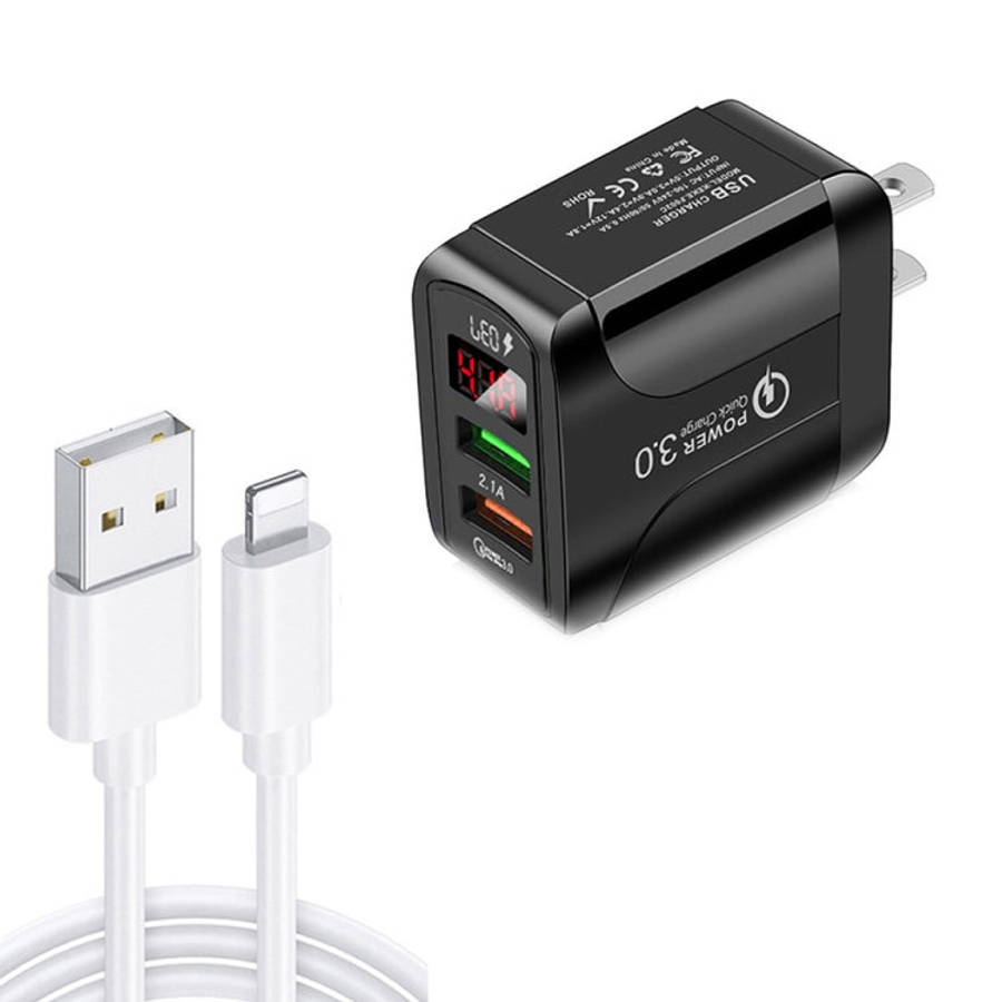 F002C QC3.0 USB + USB 2.0 LED Digital Display Fast Charger with USB to 8 Pin Data Cable, US Plug,...