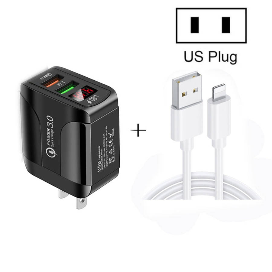 F002C QC3.0 USB + USB 2.0 LED Digital Display Fast Charger with USB to 8 Pin Data Cable, US Plug,...