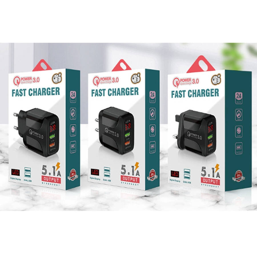 F002C QC3.0 USB + USB 2.0 LED Digital Display Fast Charger with USB to 8 Pin Data Cable, US Plug,...