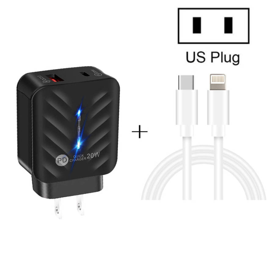 PD03 20W PD3.0 + QC3.0 USB Charger with Type-C to 8 Pin Data Cable, US Plug, US Plug + Type-C to ...