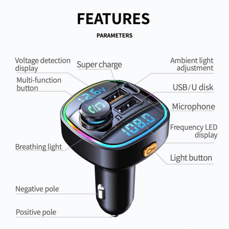 C22 Car Bluetooth 5.0 FM Transmitter LED Light Voltage Display QC 3.0 PD Charger, C22