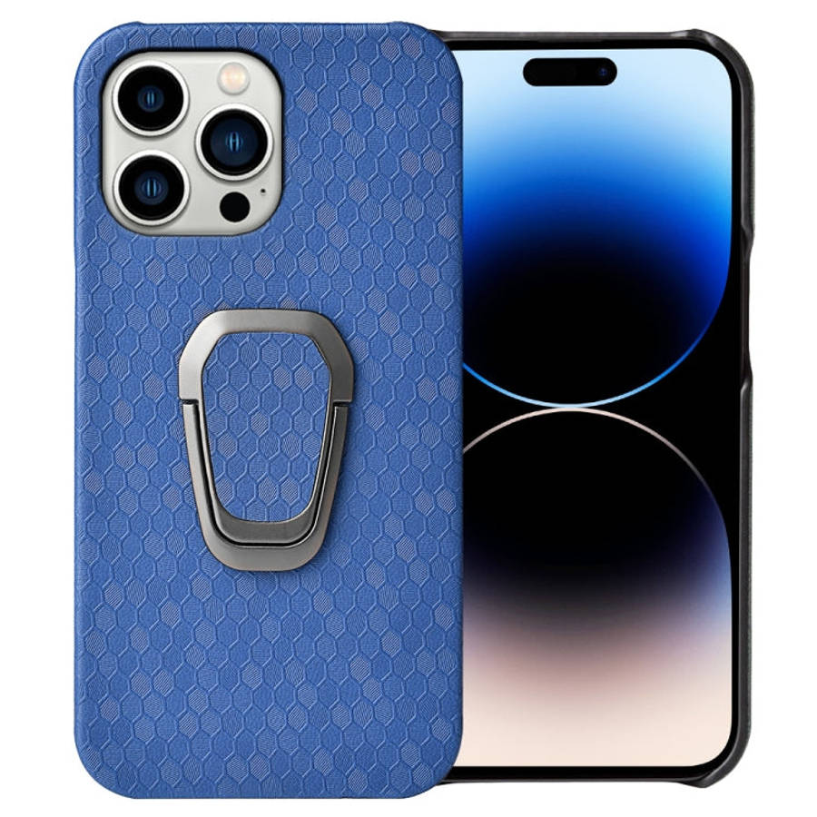 For iPhone 14 Pro Max Ring Holder Honeycomb PU Phone Case, For iPhone 14 Pro Max