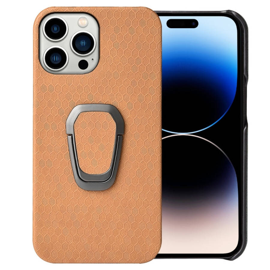 For iPhone 14 Pro Max Ring Holder Honeycomb PU Phone Case, For iPhone 14 Pro Max