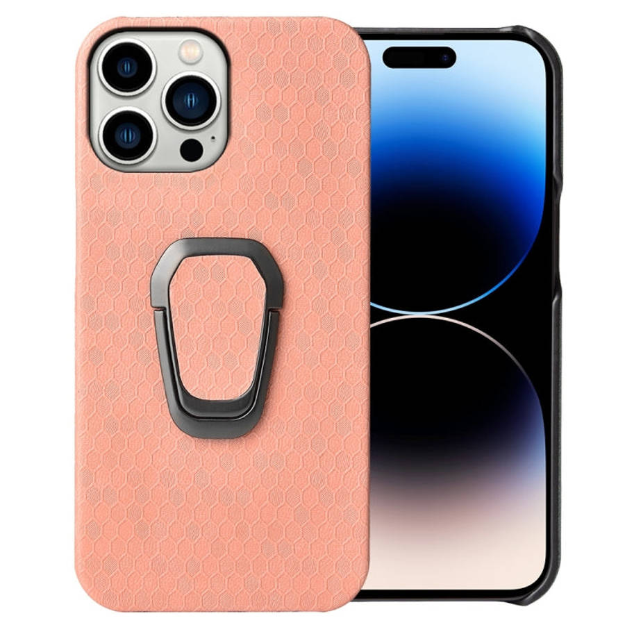 For iPhone 14 Pro Max Ring Holder Honeycomb PU Phone Case, For iPhone 14 Pro Max
