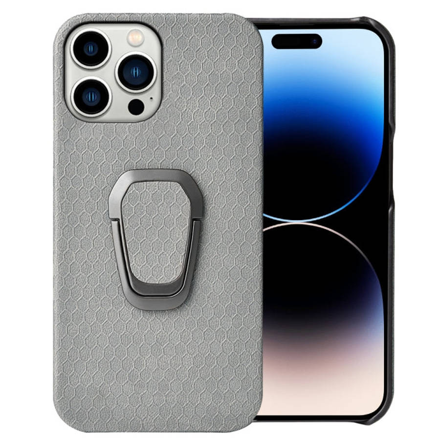 Ring Holder Honeycomb PU Phone Case For iPhone 14 Pro, For iPhone 14 Pro