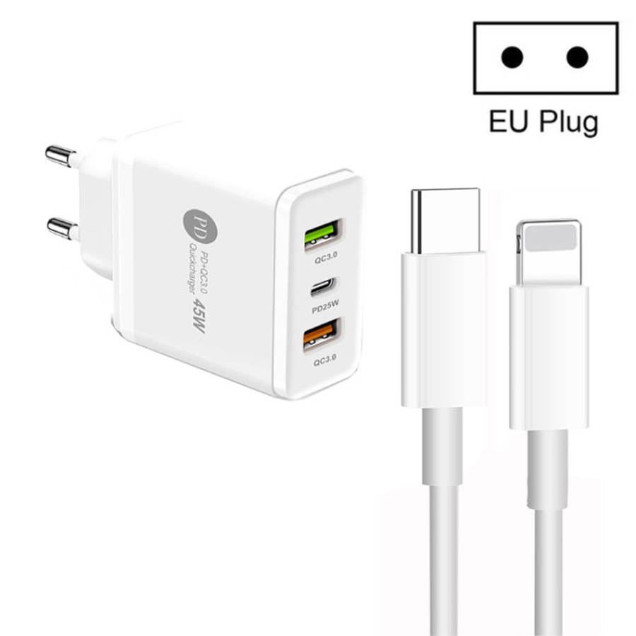 45W PD3.0 + 2 x QC3.0 USB Multi Port Charger with Type-C to 8 Pin Cable, EU Plug, EU Plug + Type-...