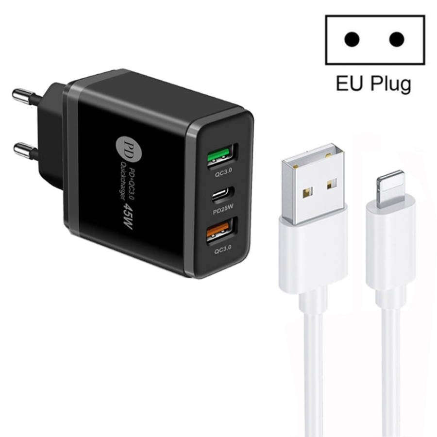 45W PD25W + 2 x QC3.0 USB Multi Port Charger with USB to 8 Pin Cable, EU Plug, EU Plug + USB to 8...