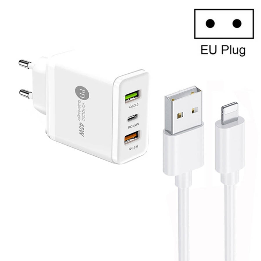 45W PD25W + 2 x QC3.0 USB Multi Port Charger with USB to 8 Pin Cable, EU Plug, EU Plug + USB to 8...