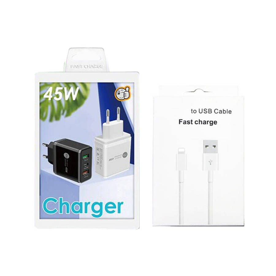 45W PD25W + 2 x QC3.0 USB Multi Port Charger with USB to 8 Pin Cable, EU Plug, EU Plug + USB to 8...