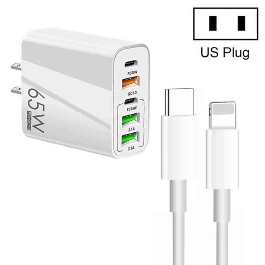 65W Dual PD Type-C + 3 x USB Multi Port Charger with 3A Type-C to 8 Pin Data Cable, US Plug, US P...