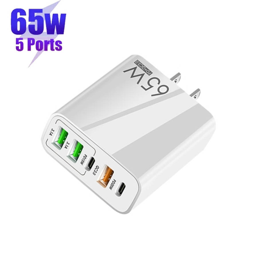 65W Dual PD Type-C + 3 x USB Multi Port Charger with 3A Type-C to 8 Pin Data Cable, US Plug, US P...