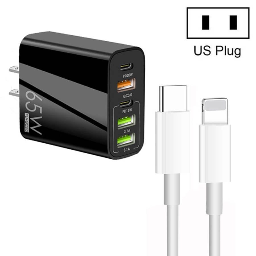 65W Dual PD Type-C + 3 x USB Multi Port Charger with 3A Type-C to 8 Pin Data Cable, US Plug, US P...