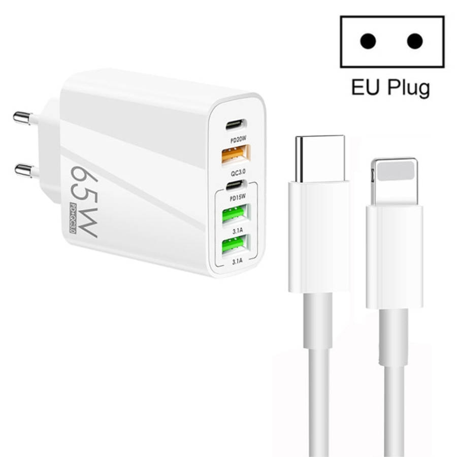65W Dual PD Type-C + 3 x USB Multi Port Charger with 3A Type-C to 8 Pin Data Cable, EU Plug, EU P...
