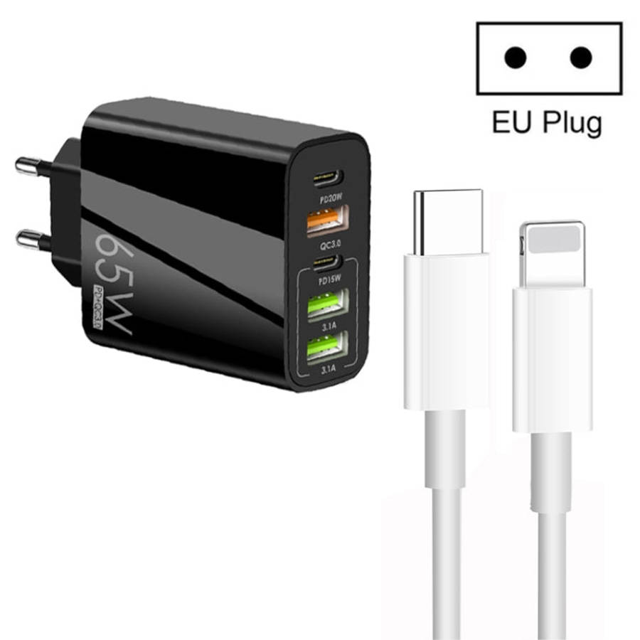 65W Dual PD Type-C + 3 x USB Multi Port Charger with 3A Type-C to 8 Pin Data Cable, EU Plug, EU P...