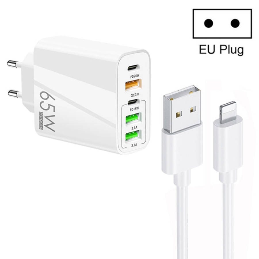 65W Dual PD Type-C + 3 x USB Multi Port Charger with 3A USB to 8 Pin Data Cable, EU Plug, EU Plug...