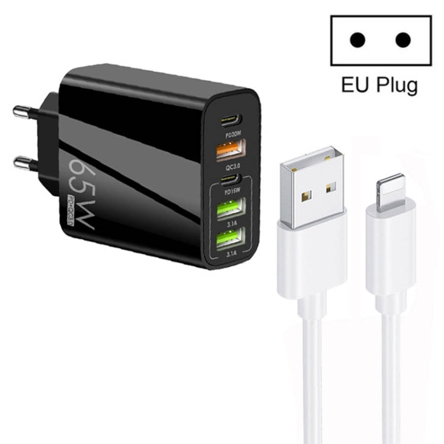 65W Dual PD Type-C + 3 x USB Multi Port Charger with 3A USB to 8 Pin Data Cable, EU Plug, EU Plug...