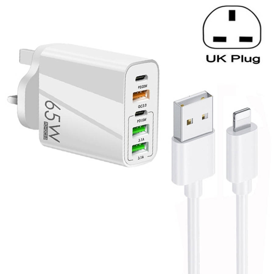 65W Dual PD Type-C + 3 x USB Multi Port Charger with 3A USB to 8 Pin Data Cable, UK Plug, UK Plug...