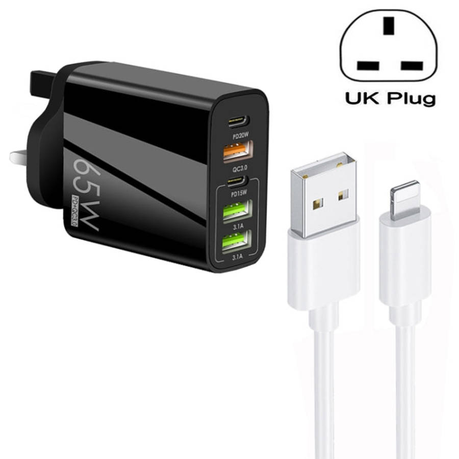 65W Dual PD Type-C + 3 x USB Multi Port Charger with 3A USB to 8 Pin Data Cable, UK Plug, UK Plug...
