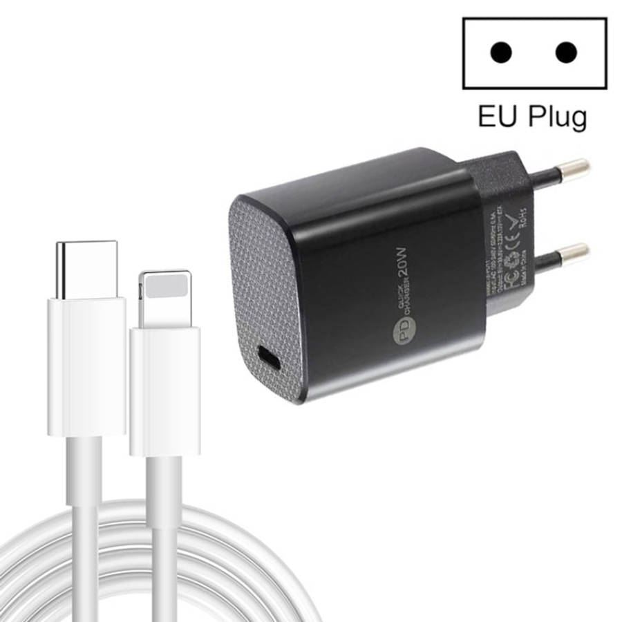 PD11 Single PD3.0 USB-C / Type-C 20W Fast Charger with 1m Type-C to 8 Pin Data Cable, EU Plug, EU...