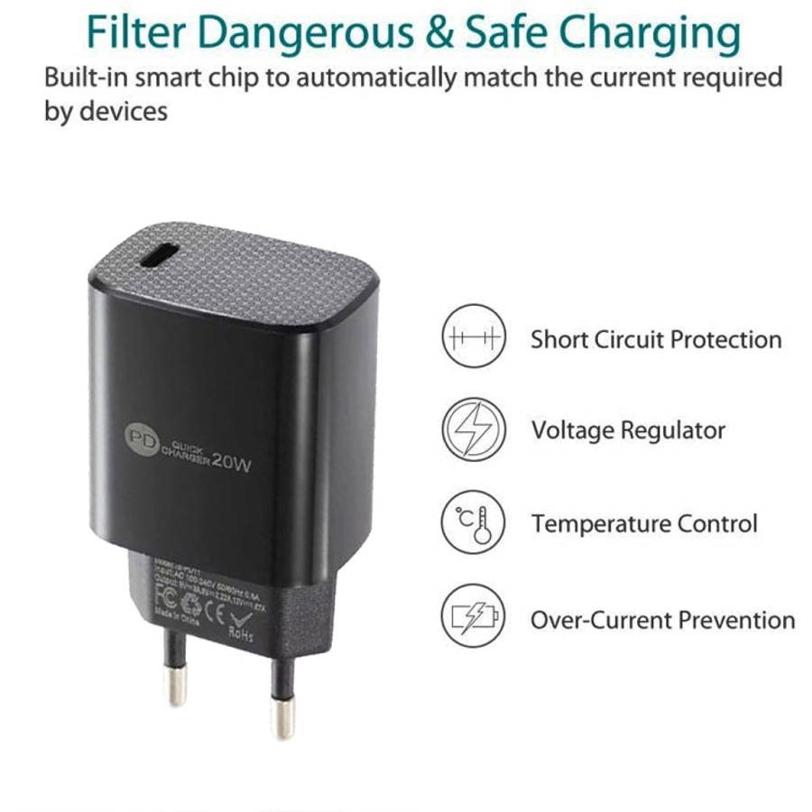 PD11 Single PD3.0 USB-C / Type-C 20W Fast Charger with 1m Type-C to 8 Pin Data Cable, EU Plug, EU...
